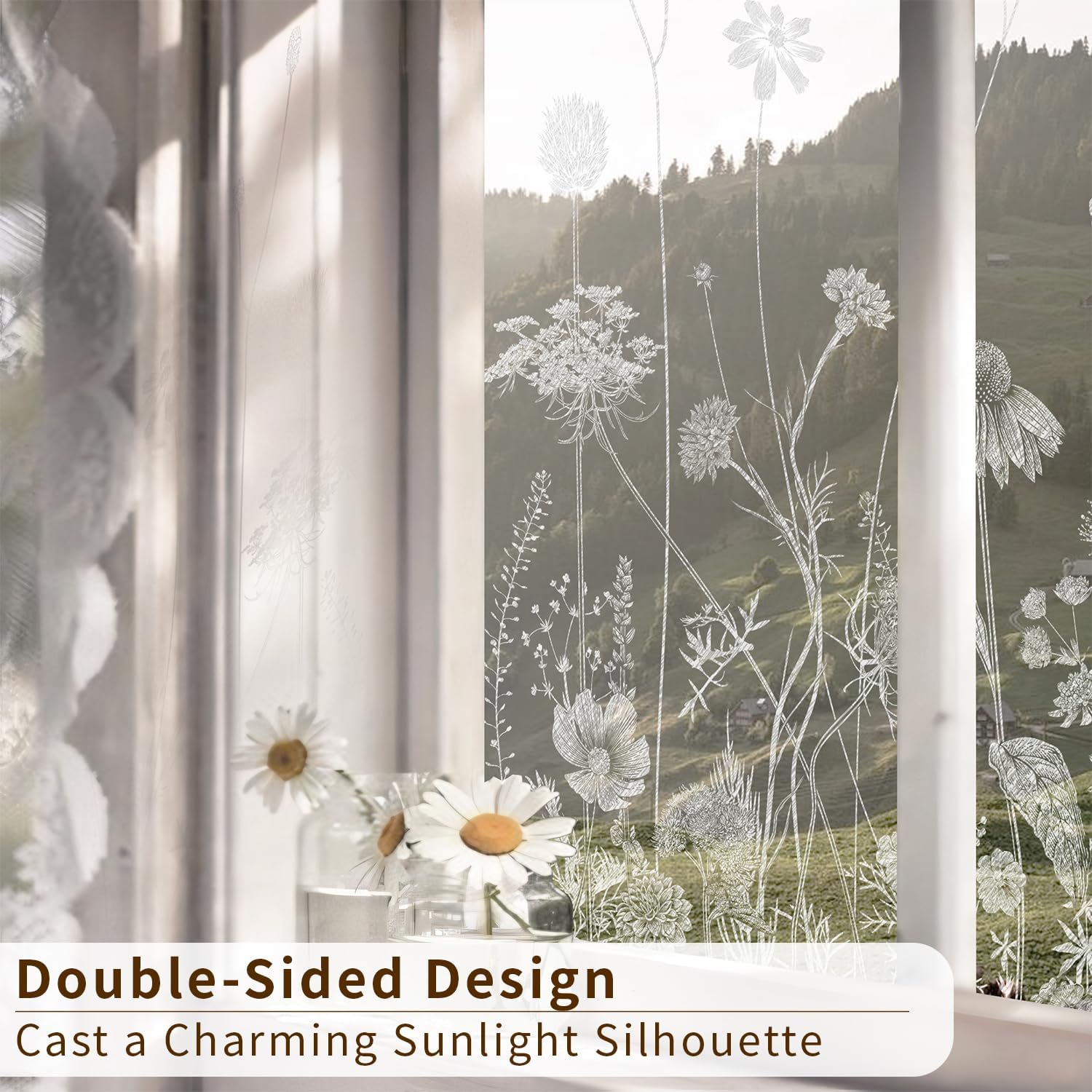 Botanical Etched Glass Transparent Window Film Decorative Glass Window Decor, Thickened Floral White Frost Decorative Window Film, Daisy and Wildflower 22.83X47.24
